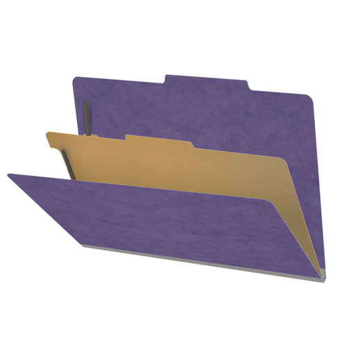 Purple legal size top tab one divider classification folder with 2" gray tyvek expansion, with 2" bonded fasteners on inside front and inside back and 1" duo fastener on divider - DV-T52-14-3PRP