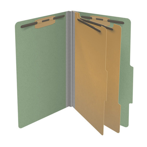 Green legal size top tab two divider classification folder with 2" gray tyvek expansion, with 2" bonded fasteners on inside front and inside back and 1" duo fastener on dividers - DV-T52-26-3AGN