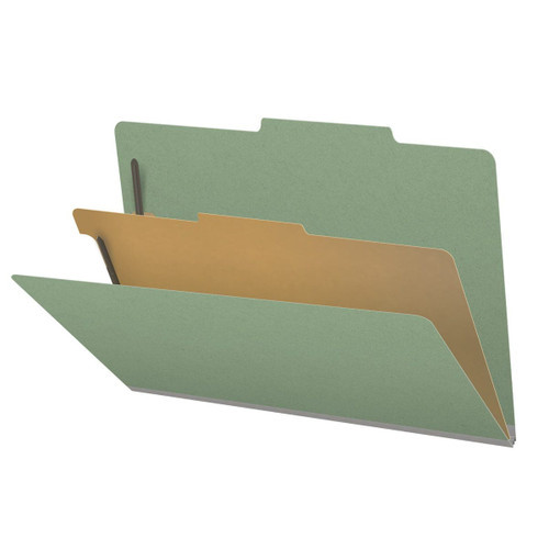 Green legal size top tab one divider classification folder with 2" gray tyvek expansion, with 2" bonded fasteners on inside front and inside back and 1" duo fastener on divider - DV-T52-14-3AGN