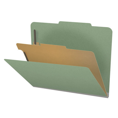 Green letter size top tab one divider classification folder with 2" gray tyvek expansion, with 2" bonded fasteners on inside front and inside back and 1" duo fastener on divider - DV-T42-14-3AGN