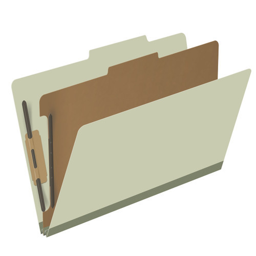 Green legal size top tab one divider classification folder with 2" gray tyvek expansion, with 2" bonded fasteners on inside front and inside back and 1" duo fastener on divider - DV-T52-14-3GRN