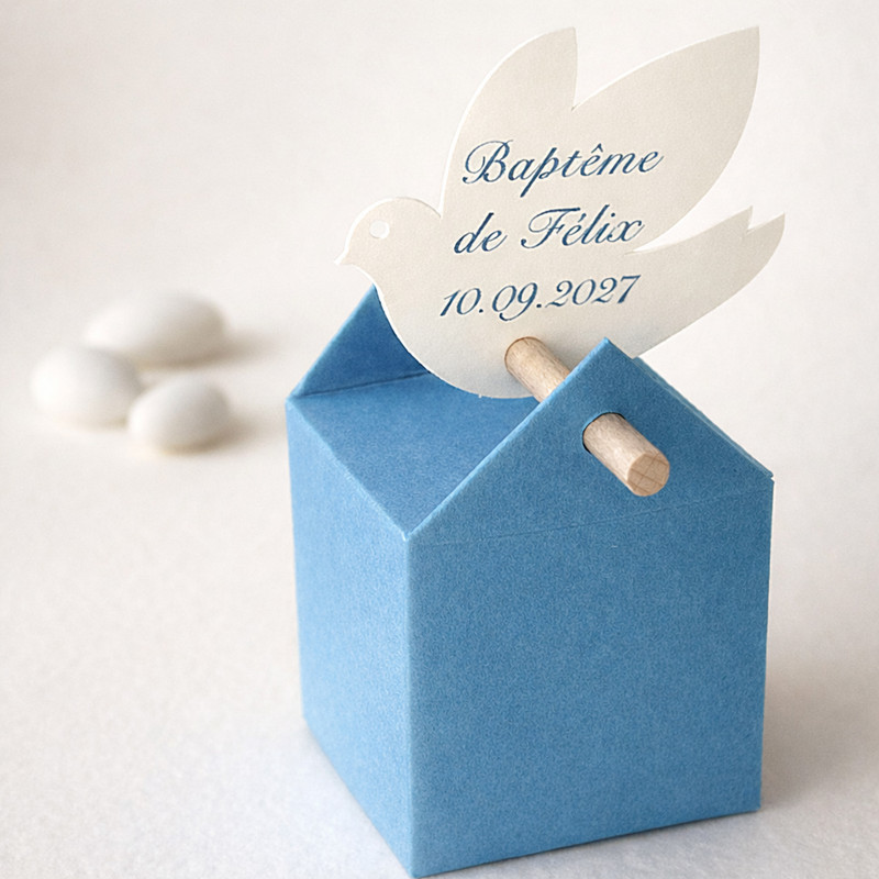 Boîte à dragées baptême garçon à la colombe personnalisée