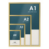 Gold snap frames in four sizes, A4 to A1, shown together