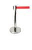 Silver retractable belt queue barrier with a red belt in use