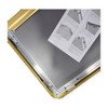 Corner of a gold snap frame opened to show the snap rail