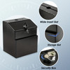 Small black lockable steel suggestion and donation box with wall mount and front pocket