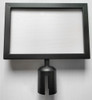 Black A4 landscape sign holder attached to a retractable belt queue bollard