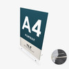 A4 clear acrylic sign holder with metal legs, holding a poster
