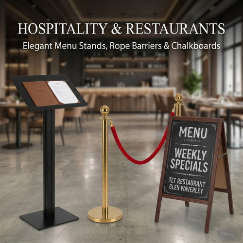 Hospitality Menu Stands, Gold Rope Barriers and Cafe Chalkboards Melbourne