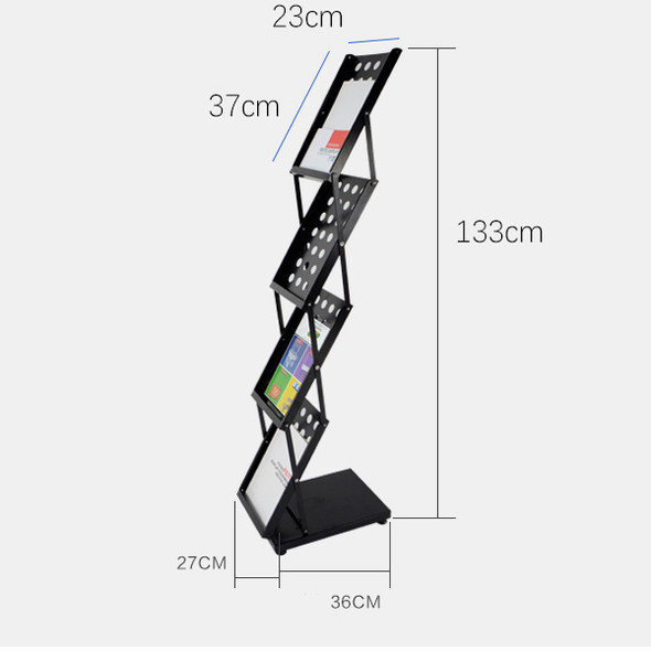 Premium portable A4 brochure holder in black steel – multi-layer literature display stand for expos and retail