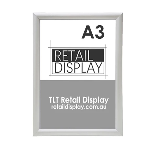 A3 silver snap frame with 25mm aluminium profile and square corners, front view