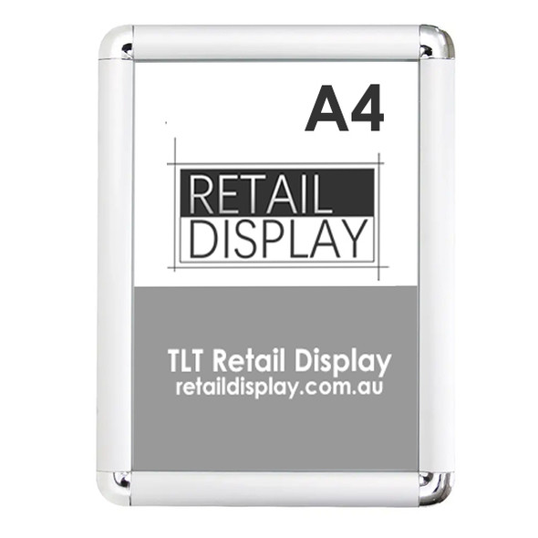 A4 silver round corner snap frame with 25mm aluminium profile, front view