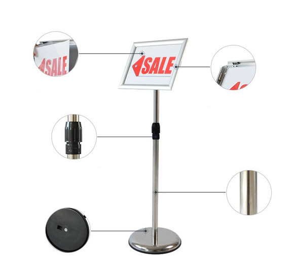Silver adjustable floor poster display stand with snap frame for A2, A3, A4 posters