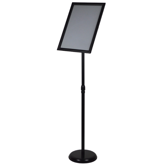 Black adjustable height floor poster display stand with A3 sign