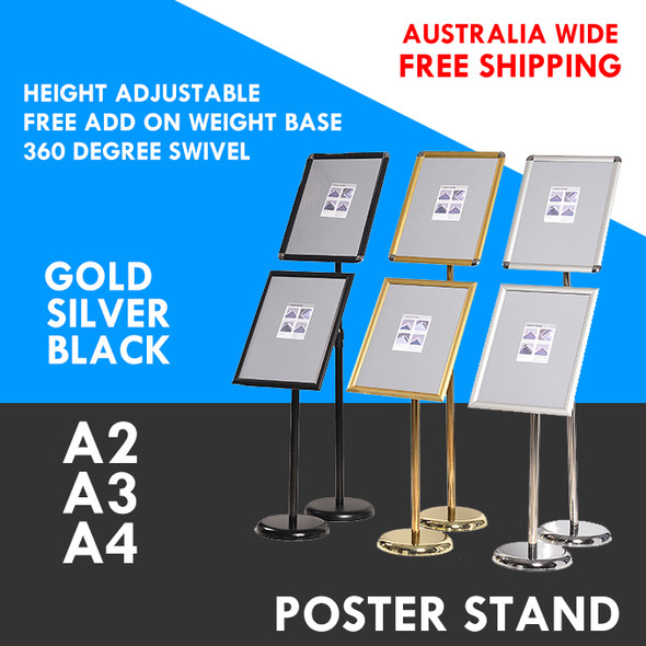 Adjustable metal poster stand with 360° rotatable snap frame