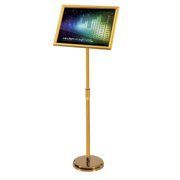 Gold adjustable floor poster stand with A4 sign