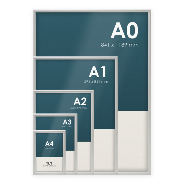 Silver snap frames in five sizes, A4 to A0, shown together