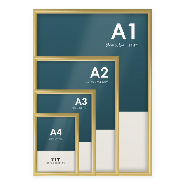 Gold snap frames in four sizes, A4 to A1, shown together