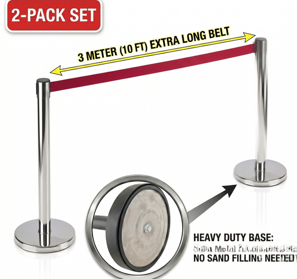 Silver 92 cm retractable belt queue barrier with a red belt, 2 posts
