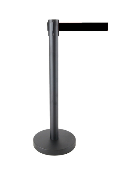 Black 92 cm retractable belt queue barrier with a black belt, 1 post