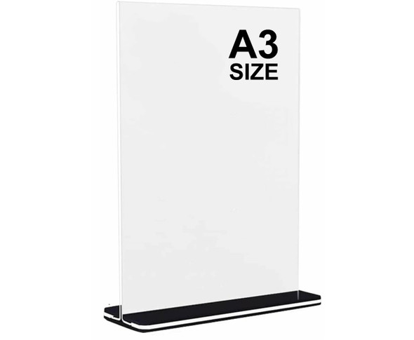 A3 portrait double sided acrylic sign holder with 2mm perspex panel and 10mm black acrylic base