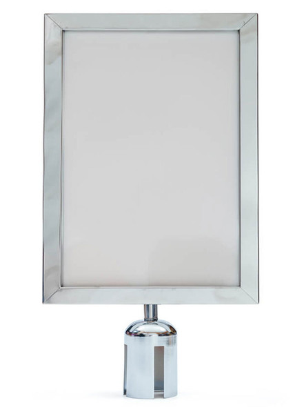 Silver A4 portrait sign holder for a retractable belt queue post, front view