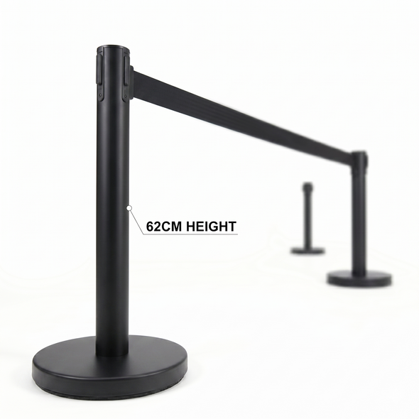 Short black queue crowd control barrier with 3m retractable belt