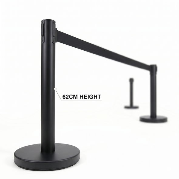 Black 62 cm retractable belt queue barrier with a black belt, 1 post