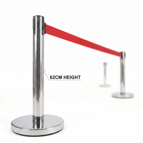 Short silver crowd control barrier with 3m retractable red belt