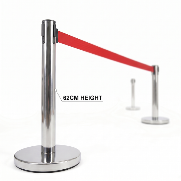 Silver 62 cm retractable belt queue barrier with a red belt, 1 post