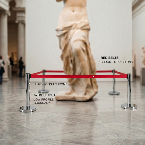 Short silver crowd control barrier with 3m retractable red belt