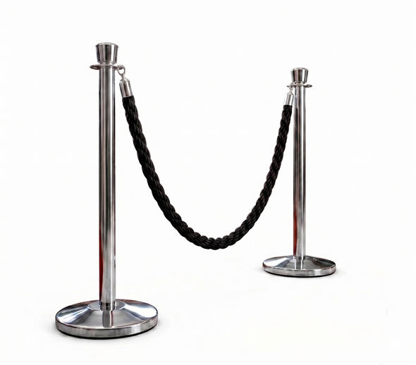 Premium Queue Barriers Set Crowd Control Bollards Heavy Duty(2x Silver POLE+ 1x braided ROPE)
