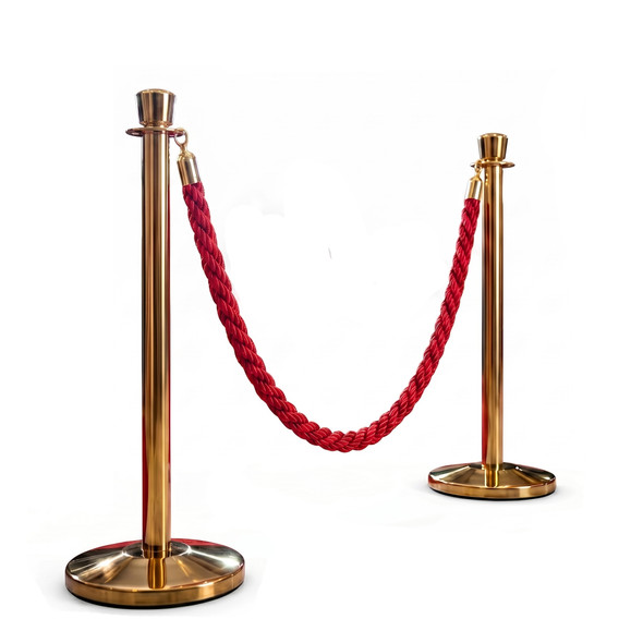 Premium Queue Barriers Set Crowd Control Bollards Heavy Duty (2x Golden POLE+ 1x braided ROPE)
