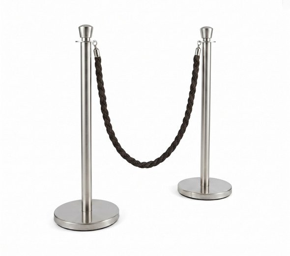 Polished Stainless Steel Rope Barrier Stanchion Set - 2 Posts & 1 Black Rope