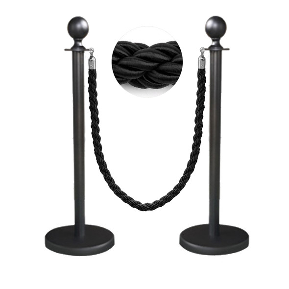 black rope stanchion set of two, 92 cm ball top, front view