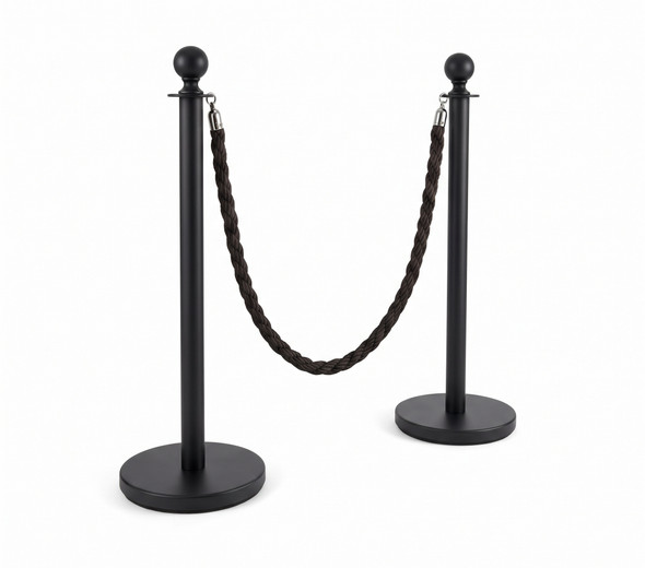 Smooth Black Rope Barrier Stanchion Set - 2 Posts & 1 Black Rope