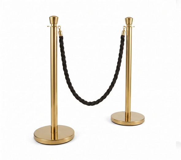 Polished Gold Stainless Steel Rope Barrier Stanchion Set - 2 Posts & 1 Black Rope