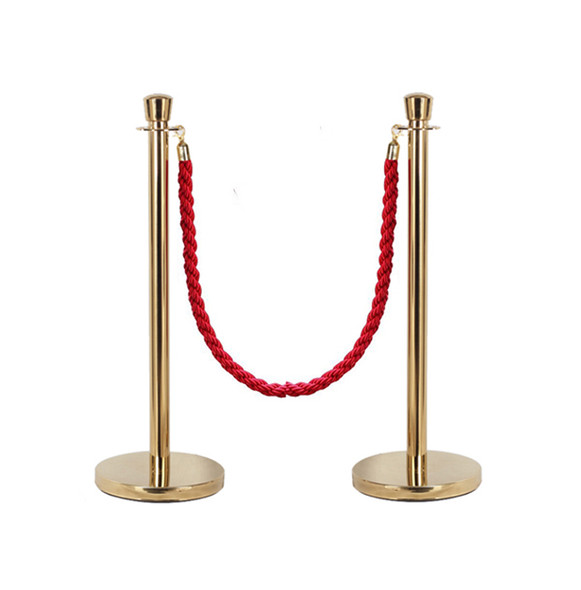 Gold queue barrier bollard with red rope