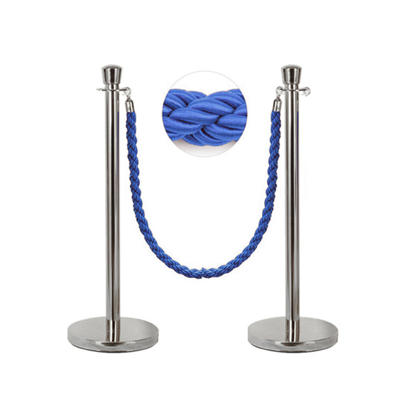Silver queue barrier bollard stand with blue rope