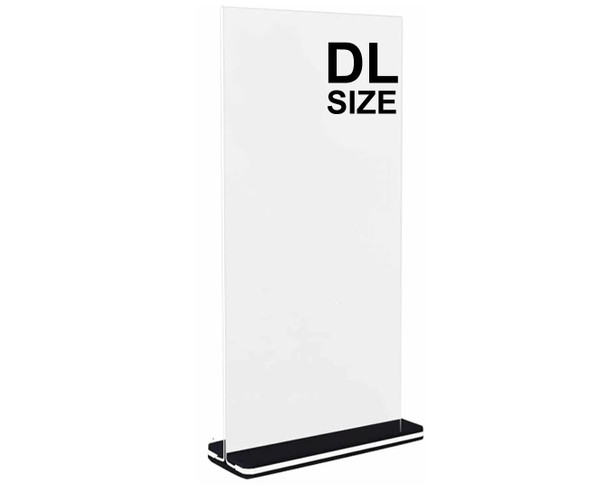 DL portrait double sided acrylic sign holder with 2mm perspex panel and 10mm black acrylic base