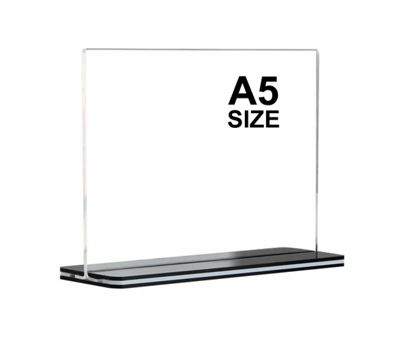 A5 landscape double sided acrylic sign holder with 2mm perspex panel and 10mm black acrylic base