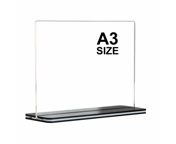 A3 landscape double sided acrylic sign holder with 2mm clear panel and 10mm solid base