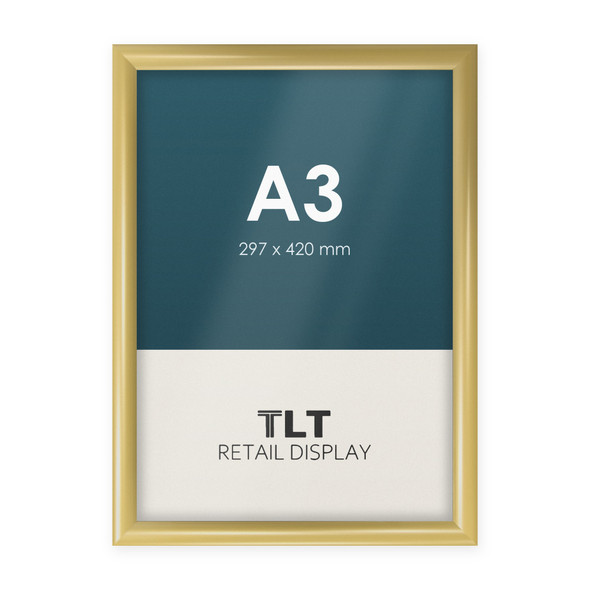 A3 gold snap frame with 25mm aluminium profile and square corners, front view