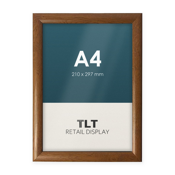 A4 wood look snap frame with 25mm aluminium profile and square corners, front view
