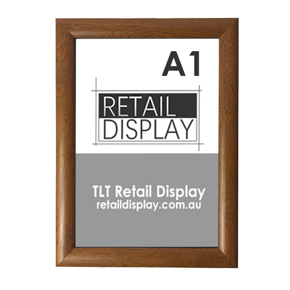 A1 snap lock poster frame with 25mm wood look aluminium profile and square corners.