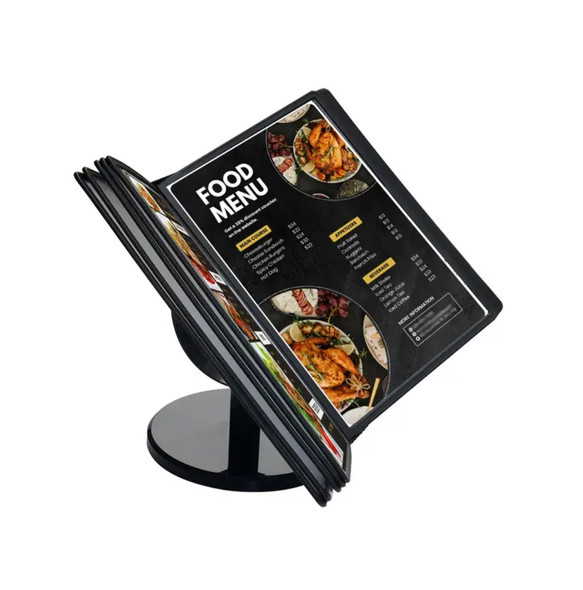 Deluxe Rotatable Desktop Menu Holder - 10 Double-Sided Pockets, Adjustable Stand, Restaurant Tabletop Display