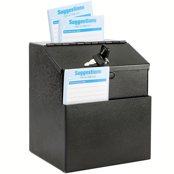 Small black lockable steel suggestion and donation box with wall mount and front pocket