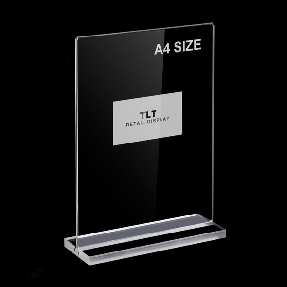 A4 portrait double sided acrylic sign holder with 1.5mm perspex panel and 12mm clear acrylic base