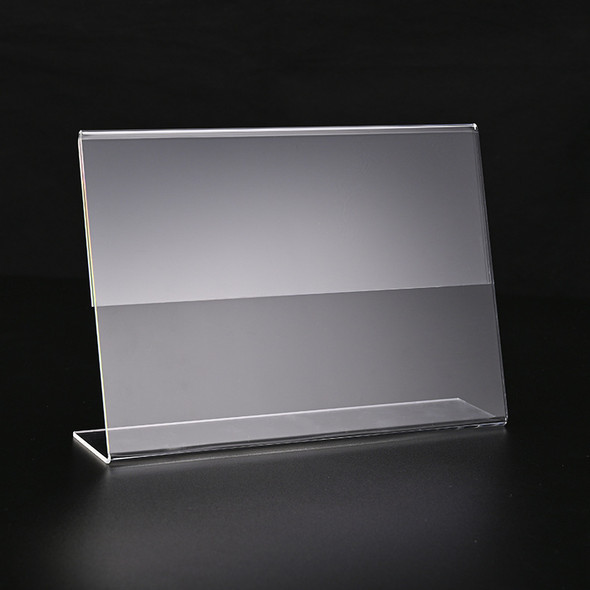 A5 landscape slant back acrylic sign stand used as a menu holder on a counter
