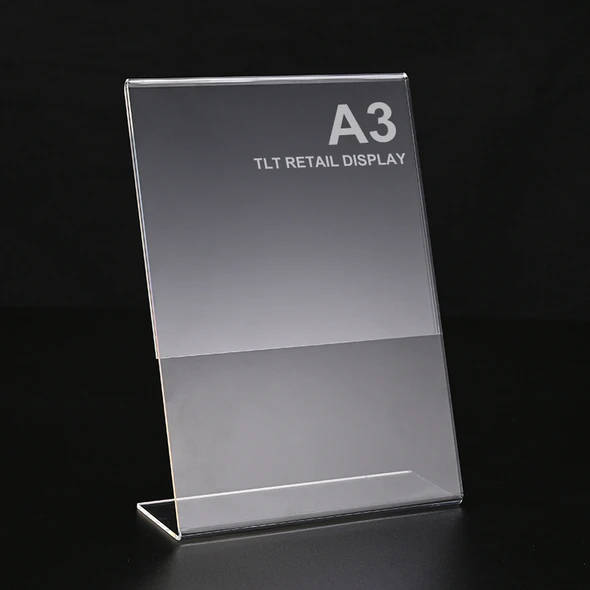 A3 portrait L-shape acrylic sign holder in 2mm clear perspex, single sided